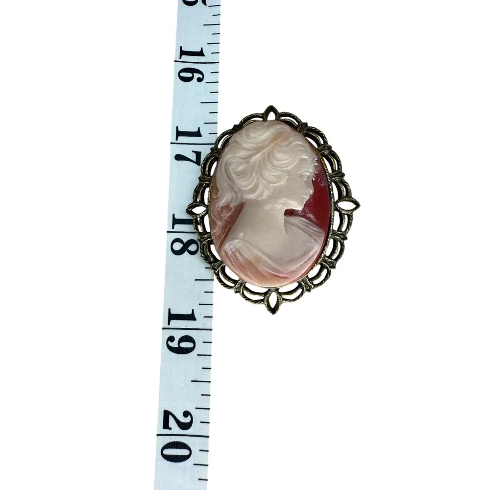 Cameo Brooch Pink Red Antiqued Bronze Filigree Victorian Style Pin - Picture 6 of 6